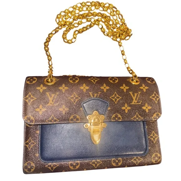 LOUIS VUITTON Victoire Chain Shoulder Bag Monogram Leather Marine Blue - Picture 1 of 5